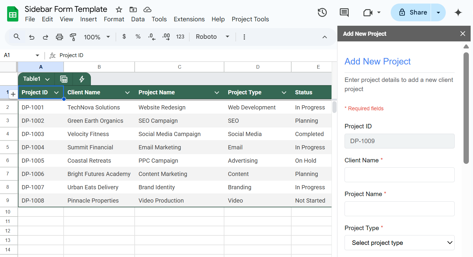 Sidebar Form - Google Sheets Template - Univium Business Solutions